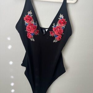 Black Bodysuit with Floral Embroidery